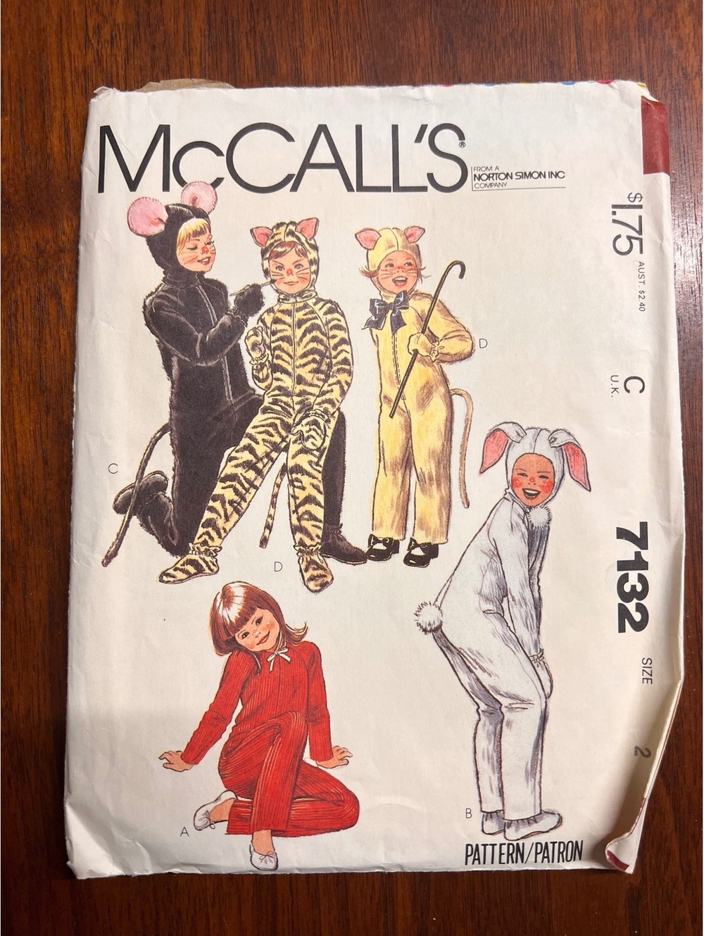 Vintage 1980 McCalls 7132 Kids Animal Costume Sewing Pattern